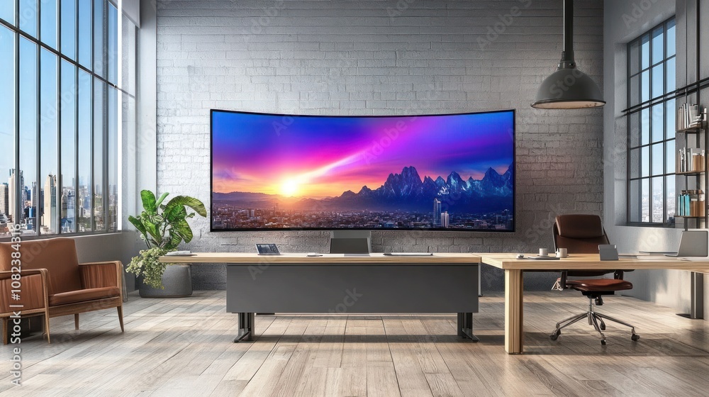 Fototapeta premium A modern office space featuring a curved television and stylish furniture.