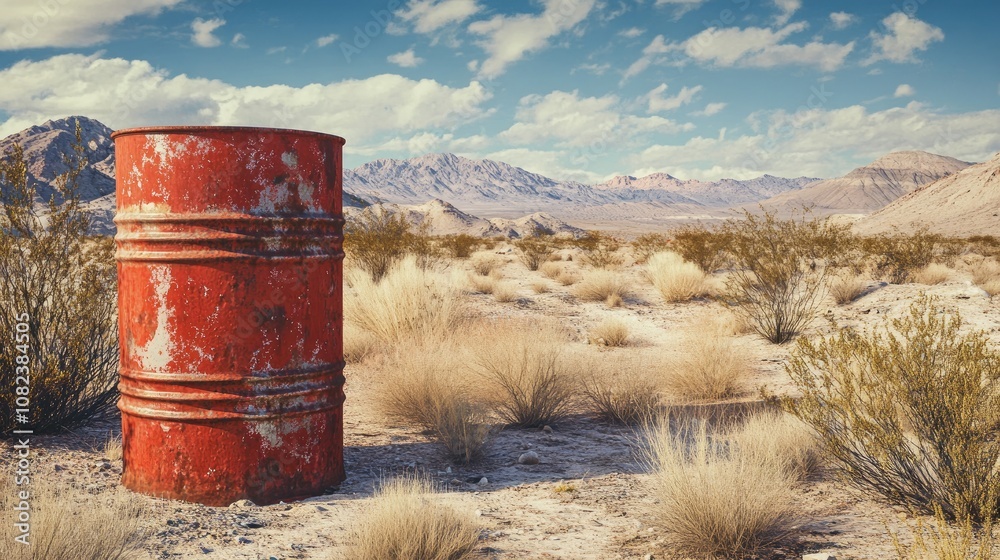 Weathered Red Barrel in Arid Desert Landscape Surrounded by Dry Grass and Distant Mountains Under a Beautiful Blue Sky with Fluffy Clouds Weathered Red Barrel in Arid Desert Landscape Surrounded by Dry Grass and Distant Mountains Under a Beautiful Blue Sky with Fluffy Clouds