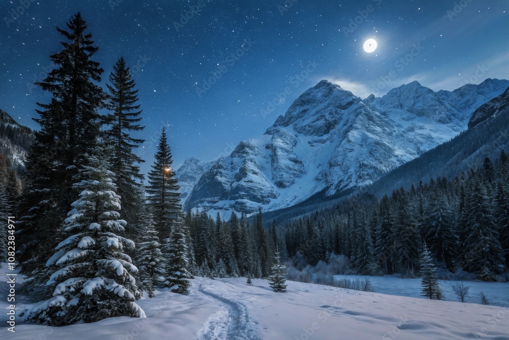 Illustrated Winter Mountain Scene with Snow and Pine Trees for International Mountain Day, Night Photography, Scenic Landscape, Winter Wonderland, Mountain Peaks, Snow-covered Forest Illustrated Winter Mountain Scene with Snow and Pine Trees for International Mountain Day, Night Photography, Scenic Landscape, Winter Wonderland, Mountain Peaks, Snow-covered Forest