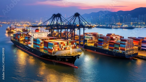 A bustling port scene with cargo ships and containers during sunset.