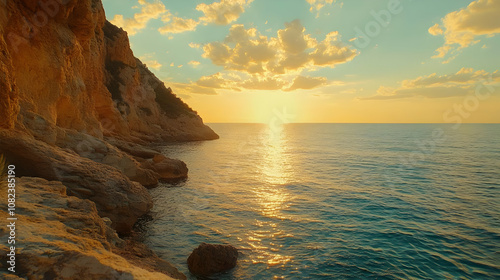 Golden Sunset Over Ocean and Rocky Coast - Landscape Image