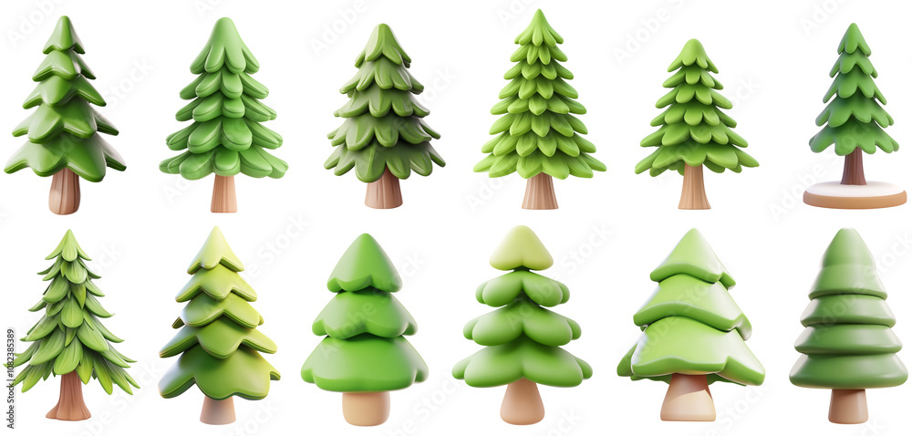 Fototapeta premium Bundle of Pine tree 3d Render isolated transparent PNG set