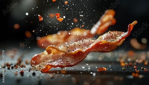 Tossed bacon slices with pepper and salt, flying in midair, dark dramatic background, advertising design, crispy texture, seasoning particles floating, actionpacked visual impact photo