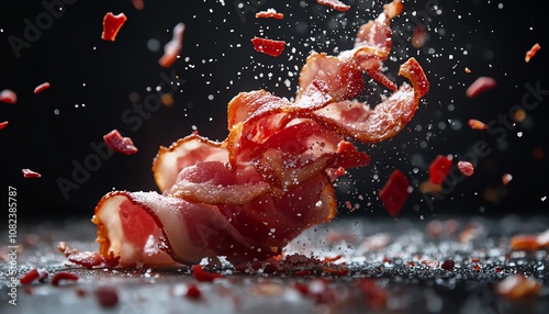 Tossed bacon slices with pepper and salt, flying in midair, dark dramatic background, advertising design, crispy texture, seasoning particles floating, actionpacked visual impact photo