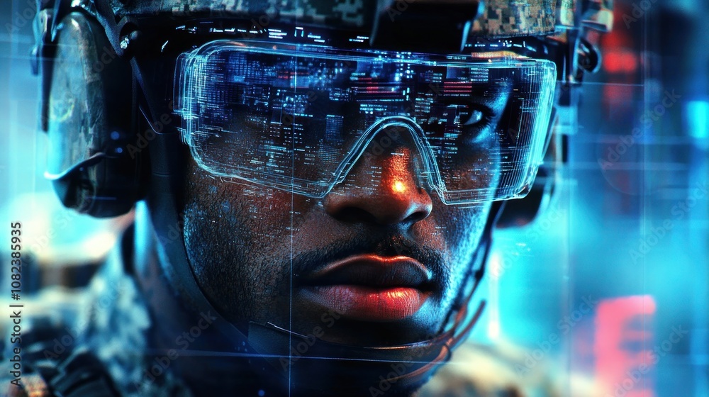 A soldier wearing advanced goggles, showcasing a digital interface and futuristic technology. A soldier wearing advanced goggles, showcasing a digital interface and futuristic technology.