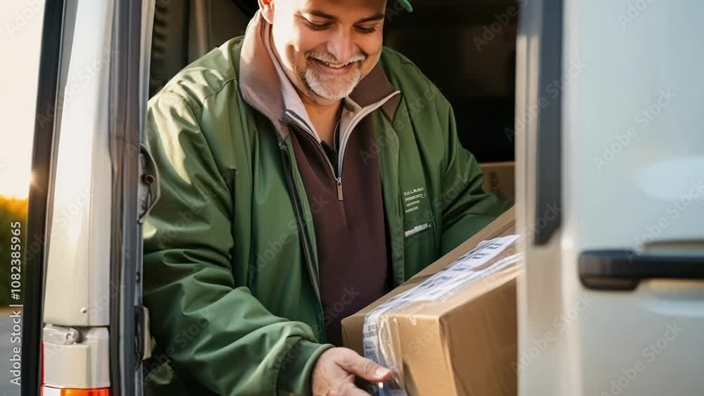 Cheerful senior delivery man unloading packages from his truck on a sunny day, providing excellent service in the shipping industry Cheerful senior delivery man unloading packages from his truck on a sunny day, providing excellent service in the shipping industry