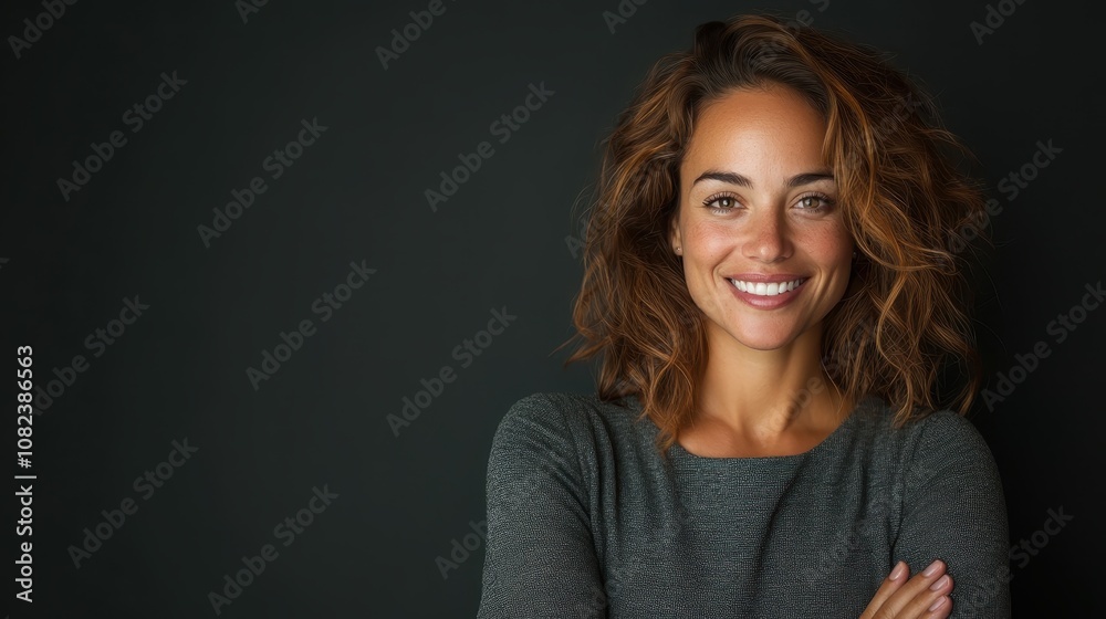 A joyful woman with curly brown hair and a warm smile stands confidently in grey attire, exuding happiness and approachability against a shaded backdrop.