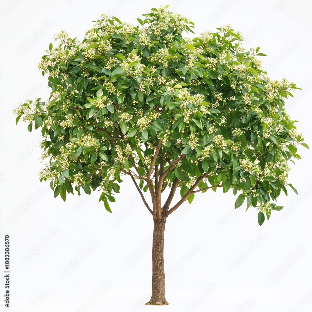 photoshoot image of A vibrant camphor tree standing tall with broad, glossy green leaves and clusters of small white flowers. generative ai photoshoot image of A vibrant camphor tree standing tall with broad, glossy green leaves and clusters of small white flowers. generative ai