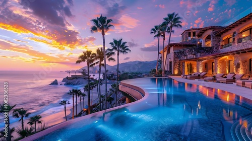 A stunning sunset view over a luxurious infinity pool by the ocean, surrounded by palm trees and elegant architecture.