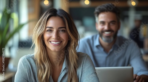 A woman smiles at the camera while a man sits behind her, both in a modern workspace.