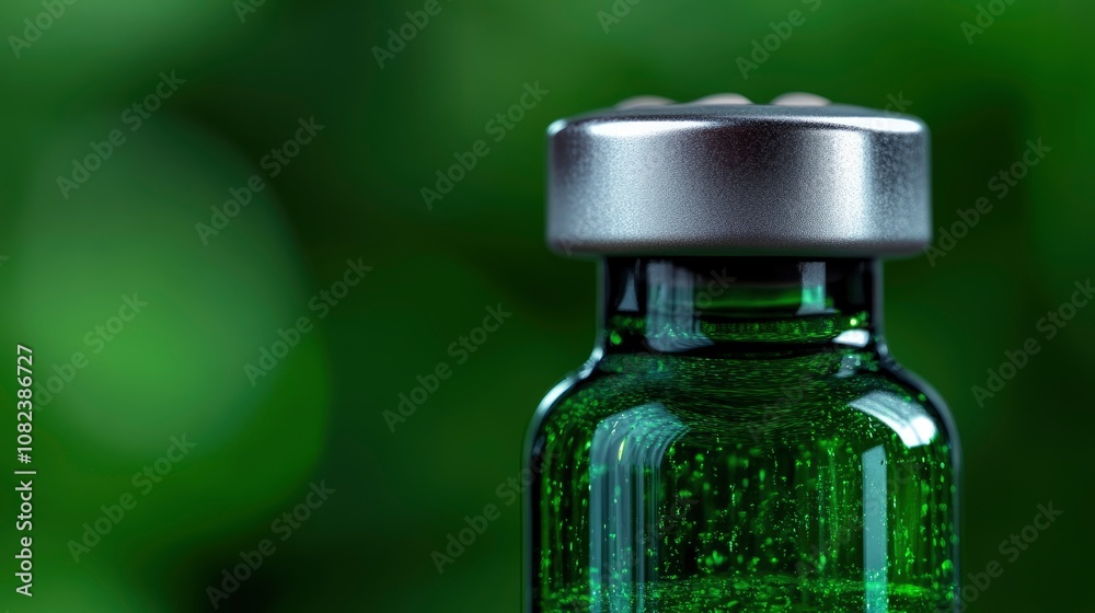 Closeup of a glass vial with a silver cap, green background