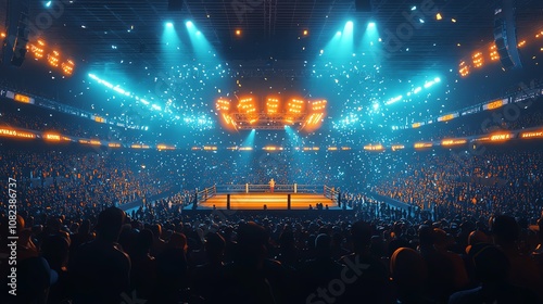 Boxing stadium with a packed crowd, championship fight, 3D illustration photo