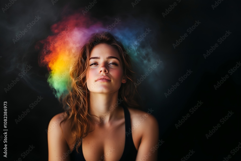 Close-up portrait of beautiful brunette fitness model in tank top, front view, looking at camera with dramatic light and smoke effects Close-up portrait of beautiful brunette fitness model in tank top, front view, looking at camera with dramatic light and smoke effects
