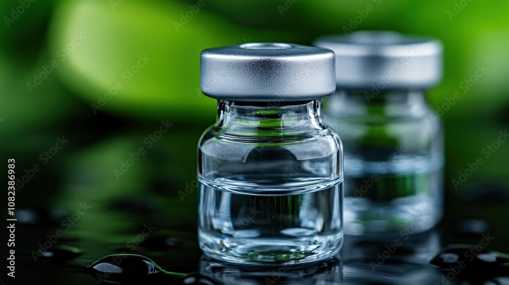 Two Glass Vials with Liquid on a Reflective Surface Two Glass Vials with Liquid on a Reflective Surface