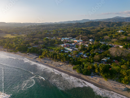 Aerial drone photo of the coastal town of Samara at the pacific ocean in Costa Rica.