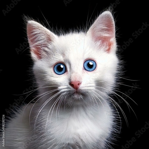 Portrait photo of an albino white young cat with blue eyes on black background 