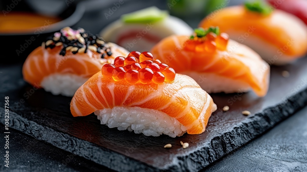 A selection of elegant salmon sushi, each piece adorned with garnishes and roe, presented on a stylish slate serving dish for a gourmet culinary-visual experience. A selection of elegant salmon sushi, each piece adorned with garnishes and roe, presented on a stylish slate serving dish for a gourmet culinary-visual experience.
