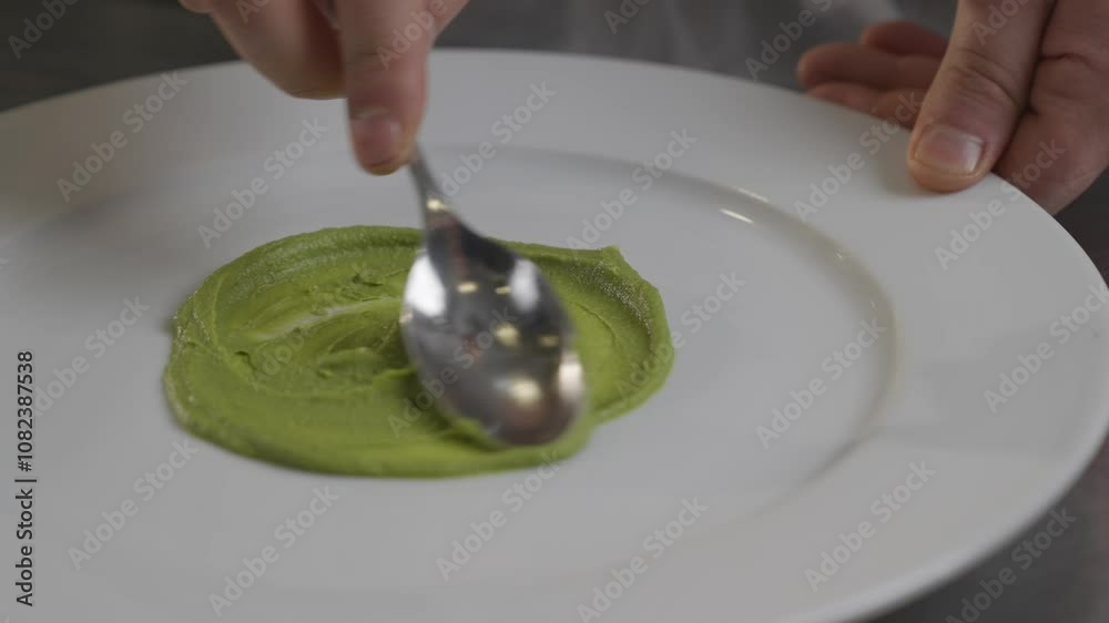 hands of a chef holding a spoon spreading some sauce in a plate for garnishing