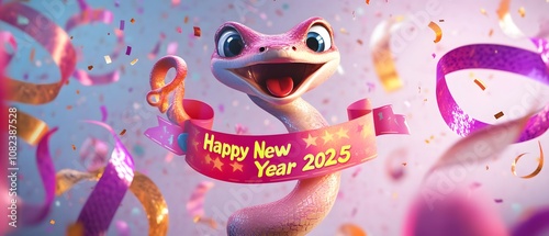 A festive animated character celebrating New Year 2025 with joyful expressions, confetti, and decorations. photo