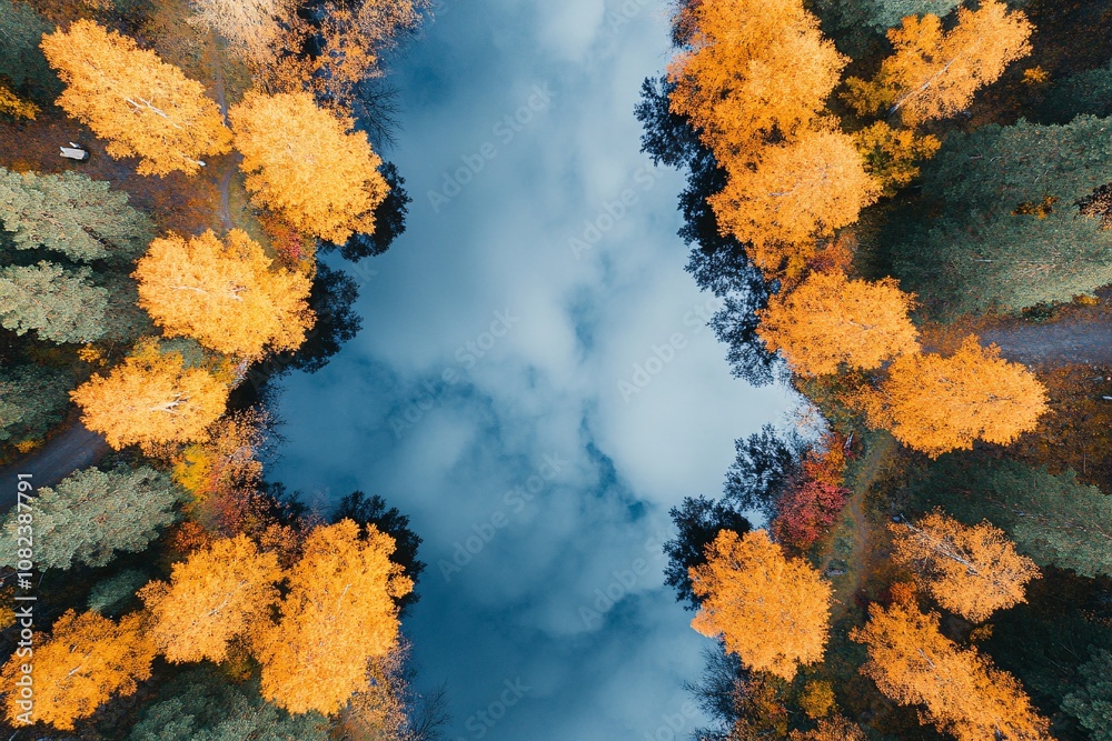 Drone view of a wide river surrounded by vivid autumn foliage in a deciduous forest, golden leaves reflecting on calm water, afternoon light 2 Drone view of a wide river surrounded by vivid autumn foliage in a deciduous forest, golden leaves reflecting on calm water, afternoon light 2