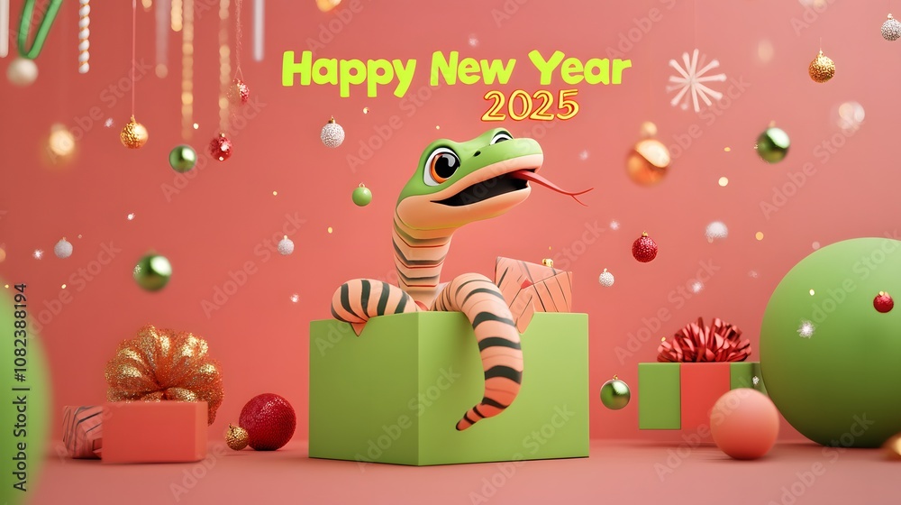 Naklejka premium Celebrate the New Year with festive decorations, a joyful lizard, and vibrant colors for an exciting 2025.