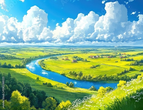 Beautiful aerial view of green fields, blue sky, and a river in springtime, with sunlight casting long shadows on the lush grasslands