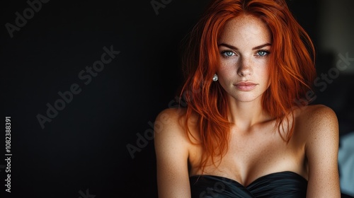 A captivating portrait of a vibrant redhead woman in a classic dark setting, showcasing natural beauty, confidence, and elegance with striking features.