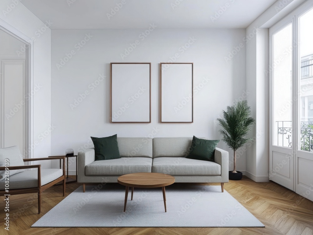 A modern living room featuring a stylish sofa, wooden coffee table, and large windows that provide natural light. A modern living room featuring a stylish sofa, wooden coffee table, and large windows that provide natural light.