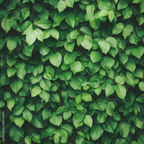 A lush wall of vibrant green leaves, symbolizing nature's beauty and freshness, perfect for eco-friendly themes and backgrounds.