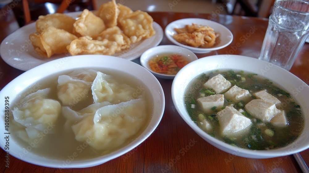 A Delicious Asian Meal with Dumplings and Tofu Soup A Delicious Asian Meal with Dumplings and Tofu Soup
