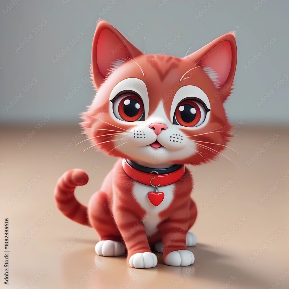 Cute Cartoon Kitten with Red Collar Cute Cartoon Kitten with Red Collar