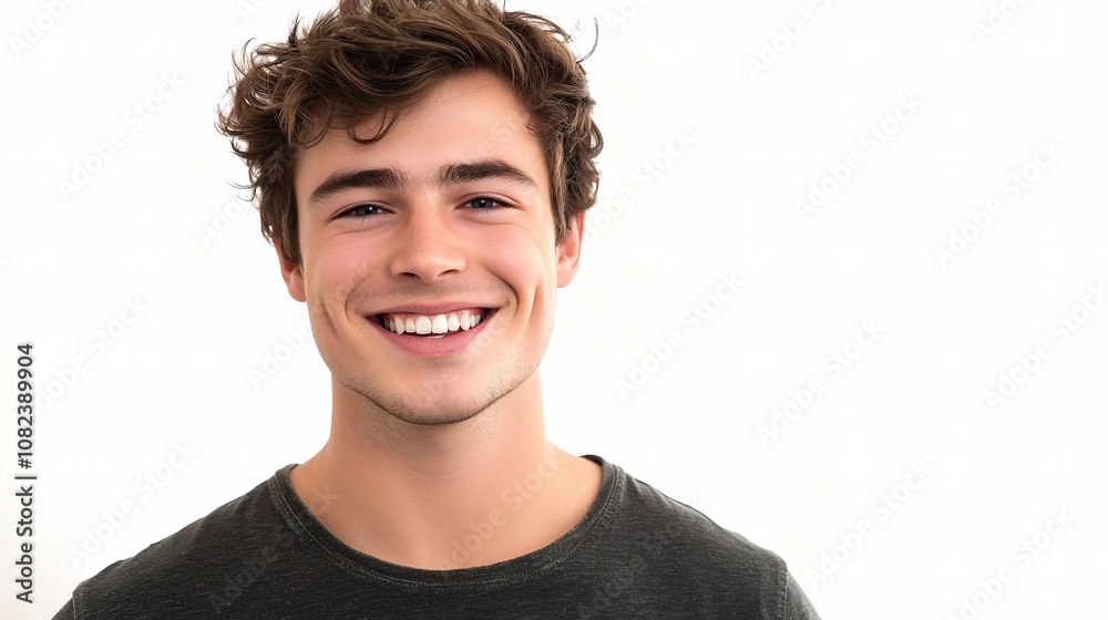 Charming Portrait of a Handsome Young Man Smiling Cheerfully at the Camera with a Bright Expression and Natural Light on a Clean White Background Charming Portrait of a Handsome Young Man Smiling Cheerfully at the Camera with a Bright Expression and Natural Light on a Clean White Background