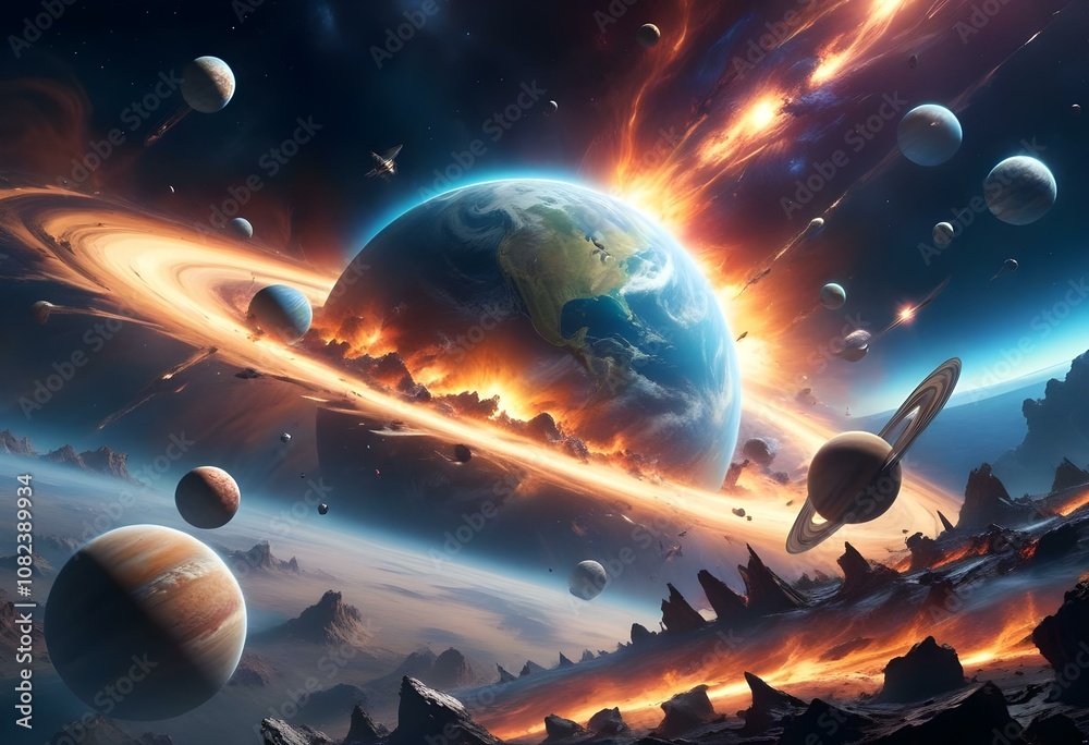 Outer space with alien planets and explosion 3d Rendring Planets around Earth