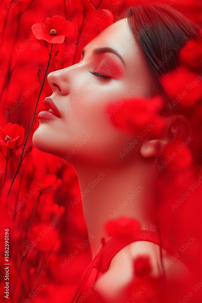 Fototapeta premium A beautiful woman amidst red flowers, evoking tranquility and elegance in a sea of red hues.