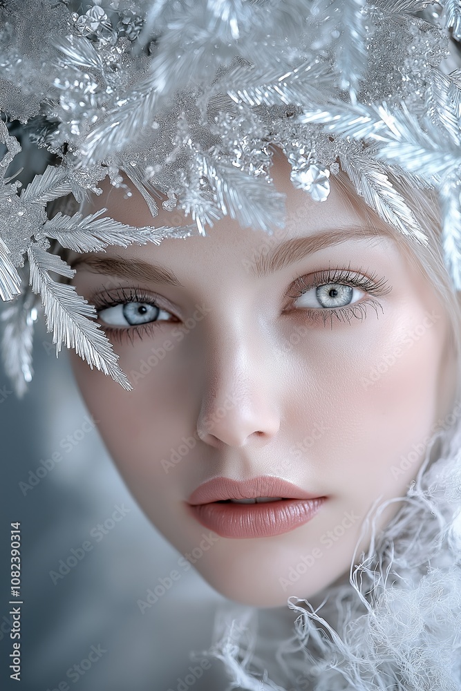 A serene portrait of a woman adorned with icy silver leaves, capturing ethereal beauty and winter elegance. A serene portrait of a woman adorned with icy silver leaves, capturing ethereal beauty and winter elegance.
