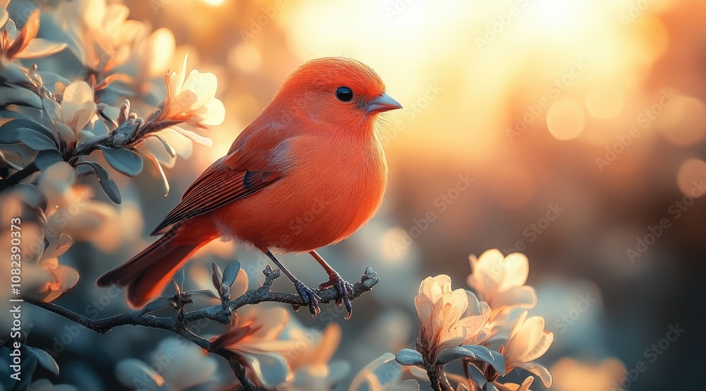 A vibrant orange bird perches on a branch amidst delicate white blossoms, bathed in the warm glow of the setting sun. A vibrant orange bird perches on a branch amidst delicate white blossoms, bathed in the warm glow of the setting sun.