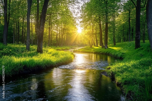 A picturesque view of a winding river meandering through a lush green forest, bright sunlight filtering through the trees, vibrant colors, mid-morning light, wide-angle shot 2