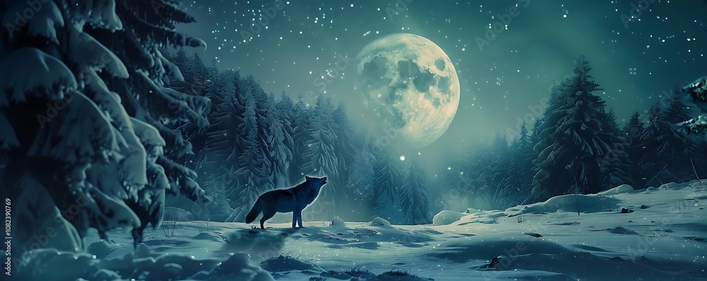 Wolf Howling at the Full Moon in a Snowy Forest Wolf Howling at the Full Moon in a Snowy Forest