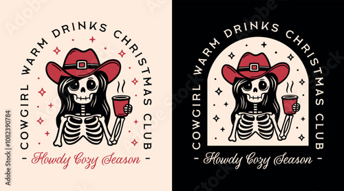 Christmas cowgirl club howdy cozy season warm drinks coffee cup mulled wine hot chocolate funny quotes. Retro country girl dark western skeleton red aesthetic holidays matching shirt design cut file.