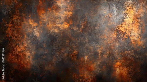 Weathered steel surface with heavy rust, pitting, and flaking textures, deep brown and red hues, illuminated by soft, diffused light