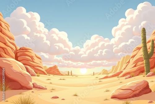 Cartoon desert landscape with cactus and rock formations