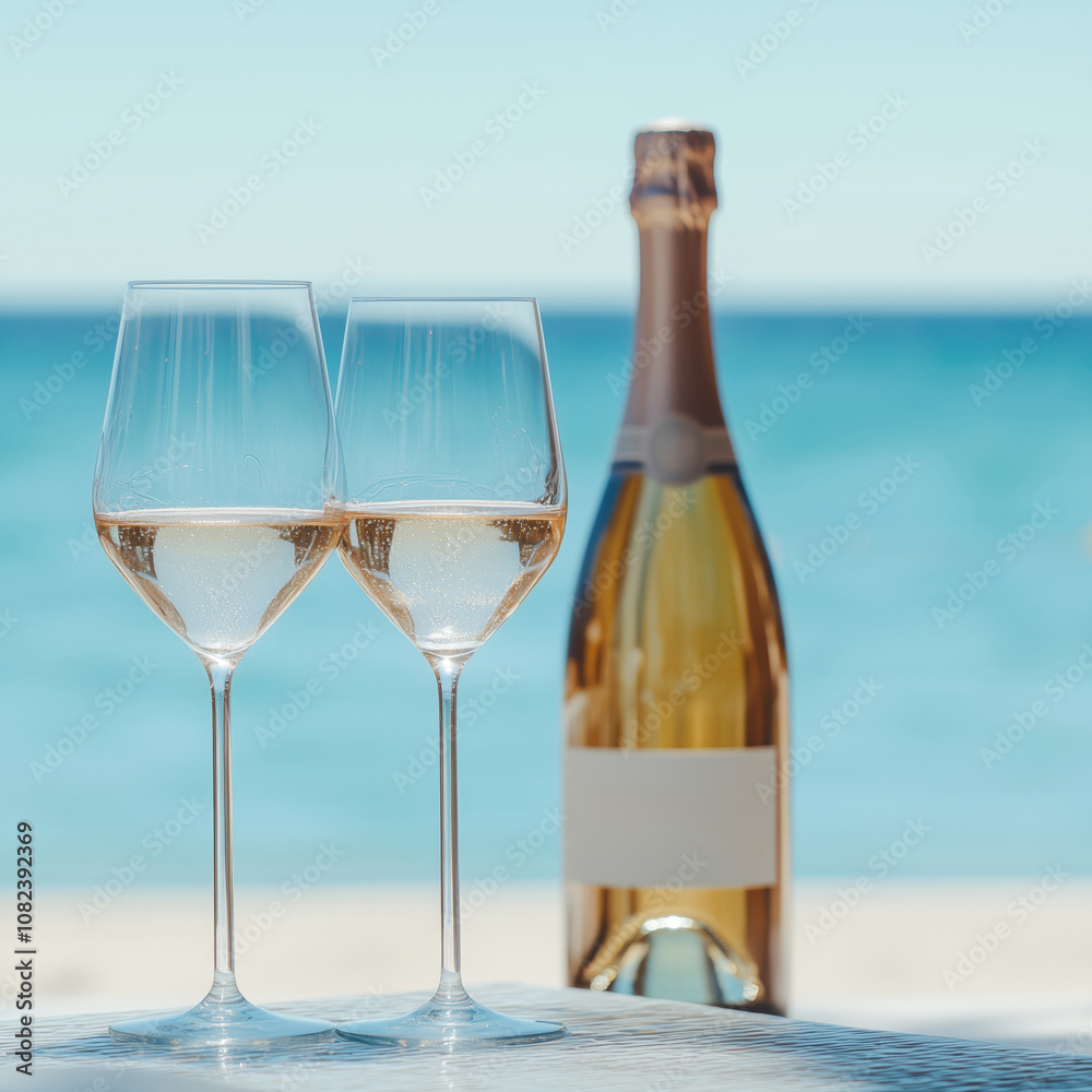 Bottle of sparkling wine and glasses served on the table on the beach