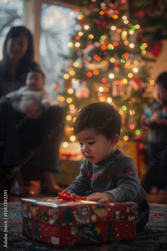 Child Examines Christmas Gift Under Festive Tree with Family in Holiday Setting Child Examines Christmas Gift Under Festive Tree with Family in Holiday Setting