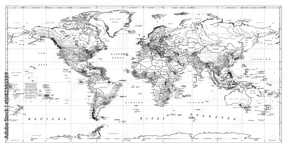 A sketch of a detailed world map, isolated on a white background A sketch of a detailed world map, isolated on a white background
