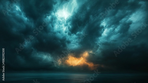 A dramatic and moody landscape of a stormy sky, with clouds and lightning illuminating the darkness