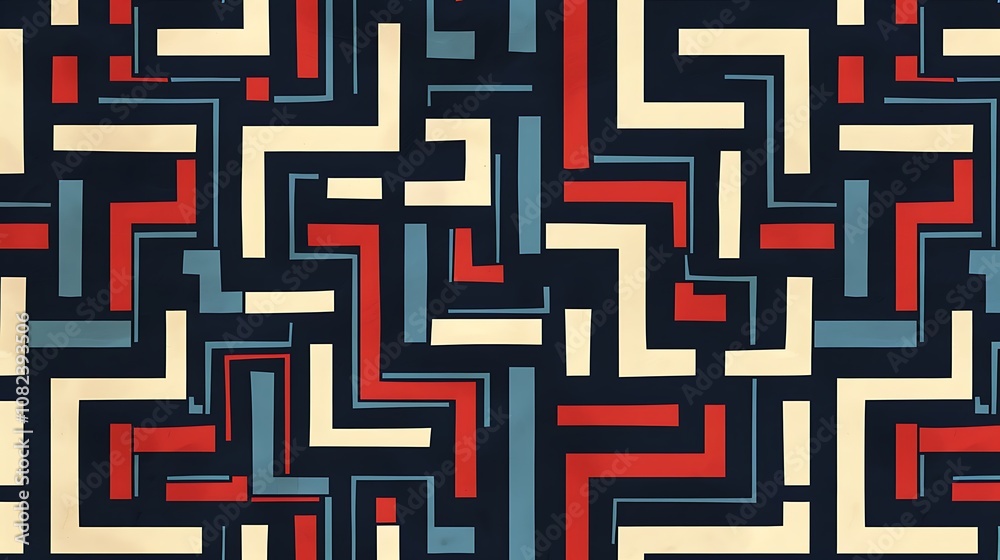A geometric pattern featuring interlocking lines in red, blue, cream, and dark navy. A geometric pattern featuring interlocking lines in red, blue, cream, and dark navy.