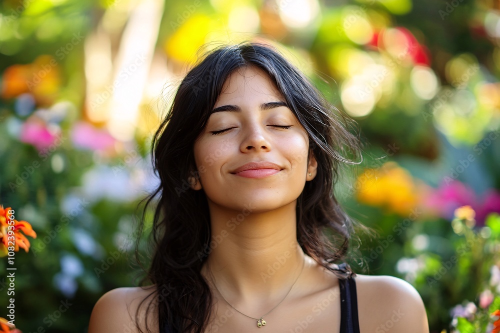 Young Hispanic woman meditating in a vibrant flower garden, smiling slightly, morning sunlight, lush and colorful plants around her, close-up with soft bokeh background 5 Young Hispanic woman meditating in a vibrant flower garden, smiling slightly, morning sunlight, lush and colorful plants around her, close-up with soft bokeh background 5