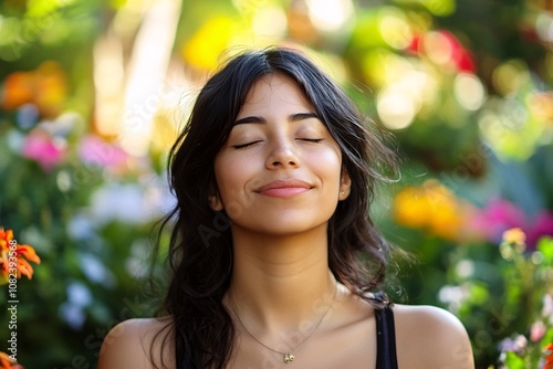 Young Hispanic woman meditating in a vibrant flower garden, smiling slightly, morning sunlight, lush and colorful plants around her, close-up with soft bokeh background 5