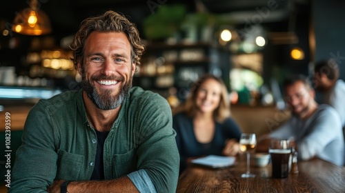 A joyful man smiles warmly at the camera while seated at a cafe; the blurred background shows friends enjoying a pleasant conversation and having drinks.