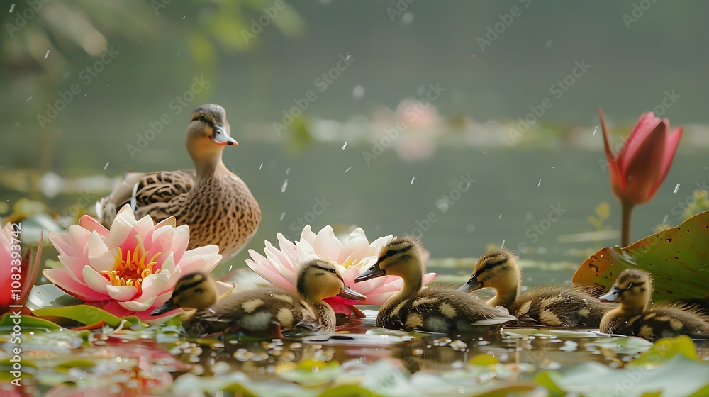 Ducklings Swimming in a Pond with Water Lilies Ducklings Swimming in a Pond with Water Lilies